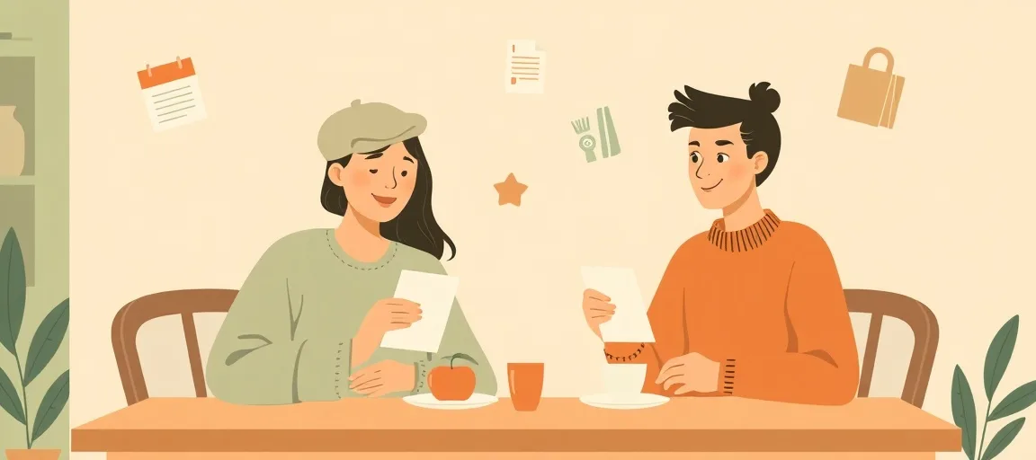 Two partners at a kitchen table comparing answer cards, with a calendar, a shopping bag and a bill floating around them