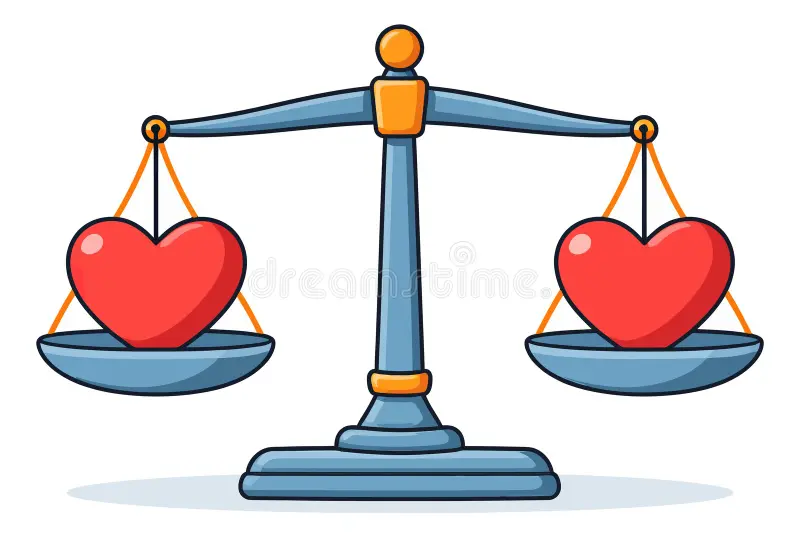 Balanced scales with two red hearts – visual metaphor for relationship fairness and equity in EvenUS app