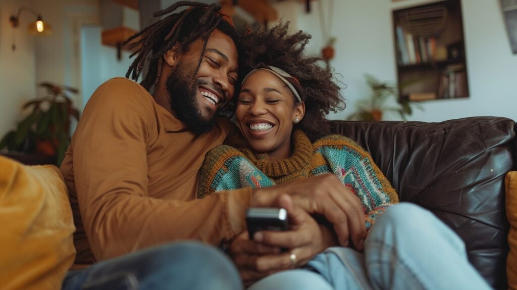 Happy young Black couple smiling and looking at smartphone together on cozy couch – representing relationship harmony with EvenUS app