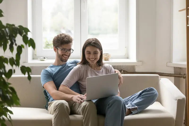 Happy young couple sitting on couch smiling while using laptop together for finances