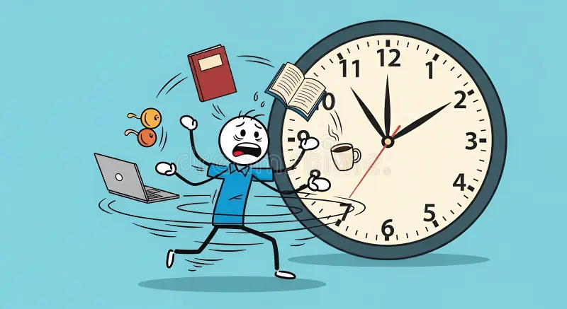 Overwhelmed person surrounded by floating tasks, clock, laptop and to-do lists – visual representation of mental load