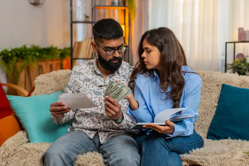 Stressed young Indian couple sitting on sofa holding bills and money, looking tense about finances