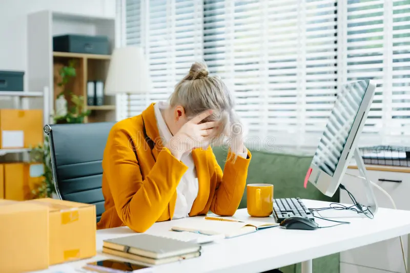 Exhausted young woman at desk holding head in hands surrounded by paperwork and notifications, symbolising mental load burnout and invisible work in relationships
