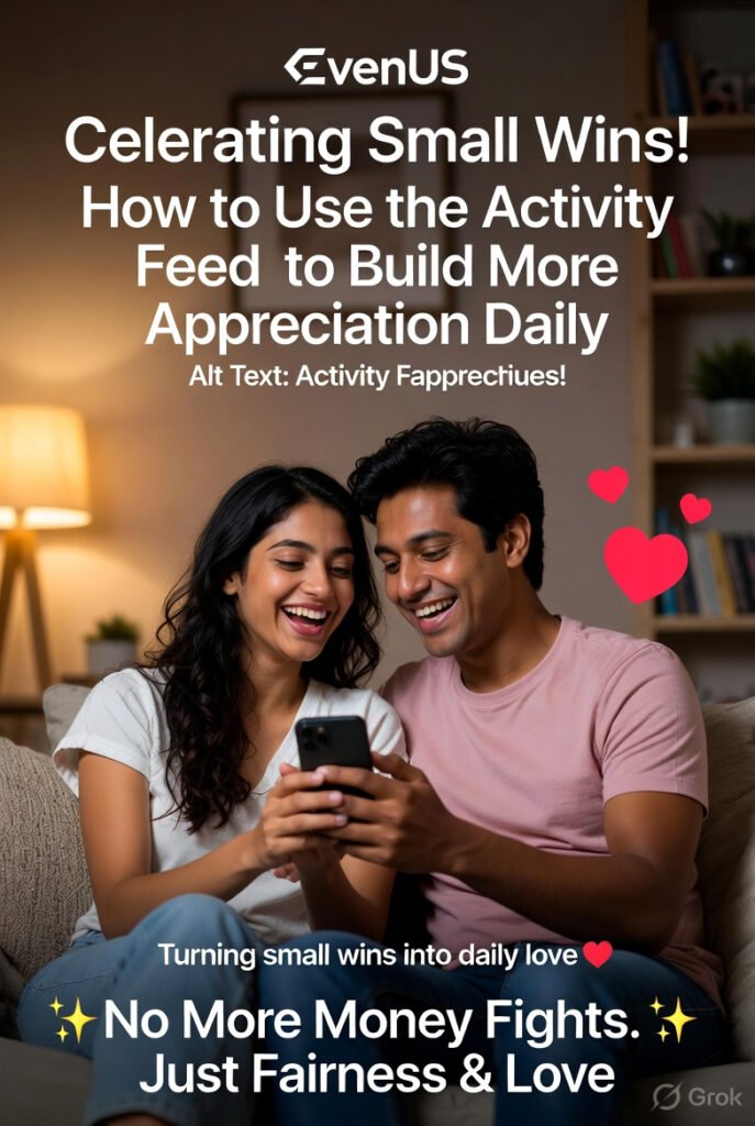 Happy young Indian couple sitting closely on sofa smiling warmly while scrolling Activity Feed on phone and tapping hearts in EvenUS app, cozy living room, representing daily appreciation and small wins